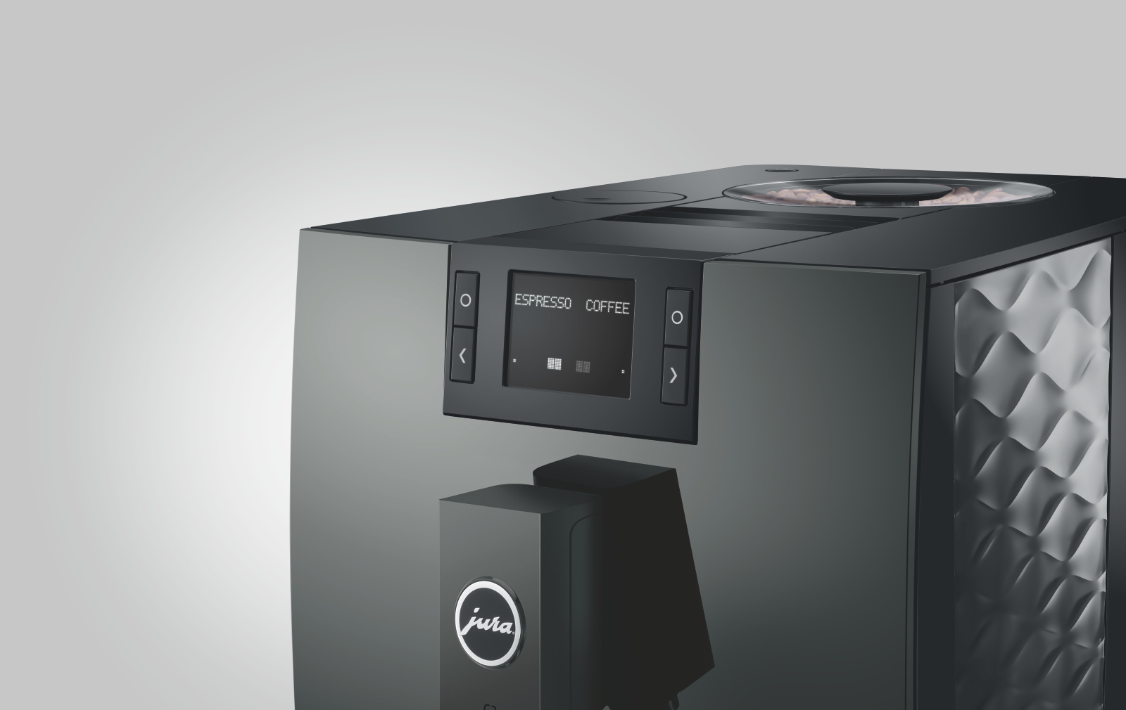 Jura C3 Piano inox zbliżenie na wyświetlacz tekstowy